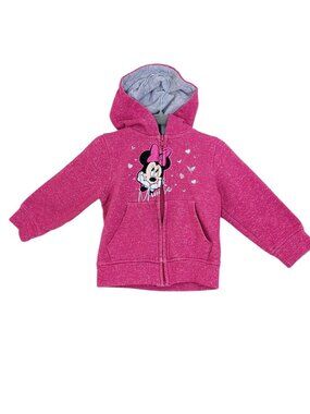 Disney Minnie Mouse Girls Sz 2 Hooded Zip Up Fleece Jacket Pink Embroided Hearts